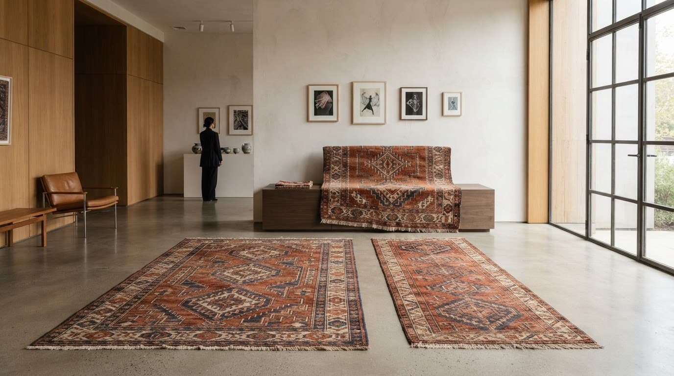 Hand-woven Afghan carpets displayed on the floor of a gallery
