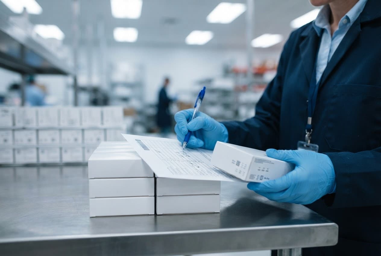 Pharmaceutical professional in blue gloves checking boxed medicines against a delivery record