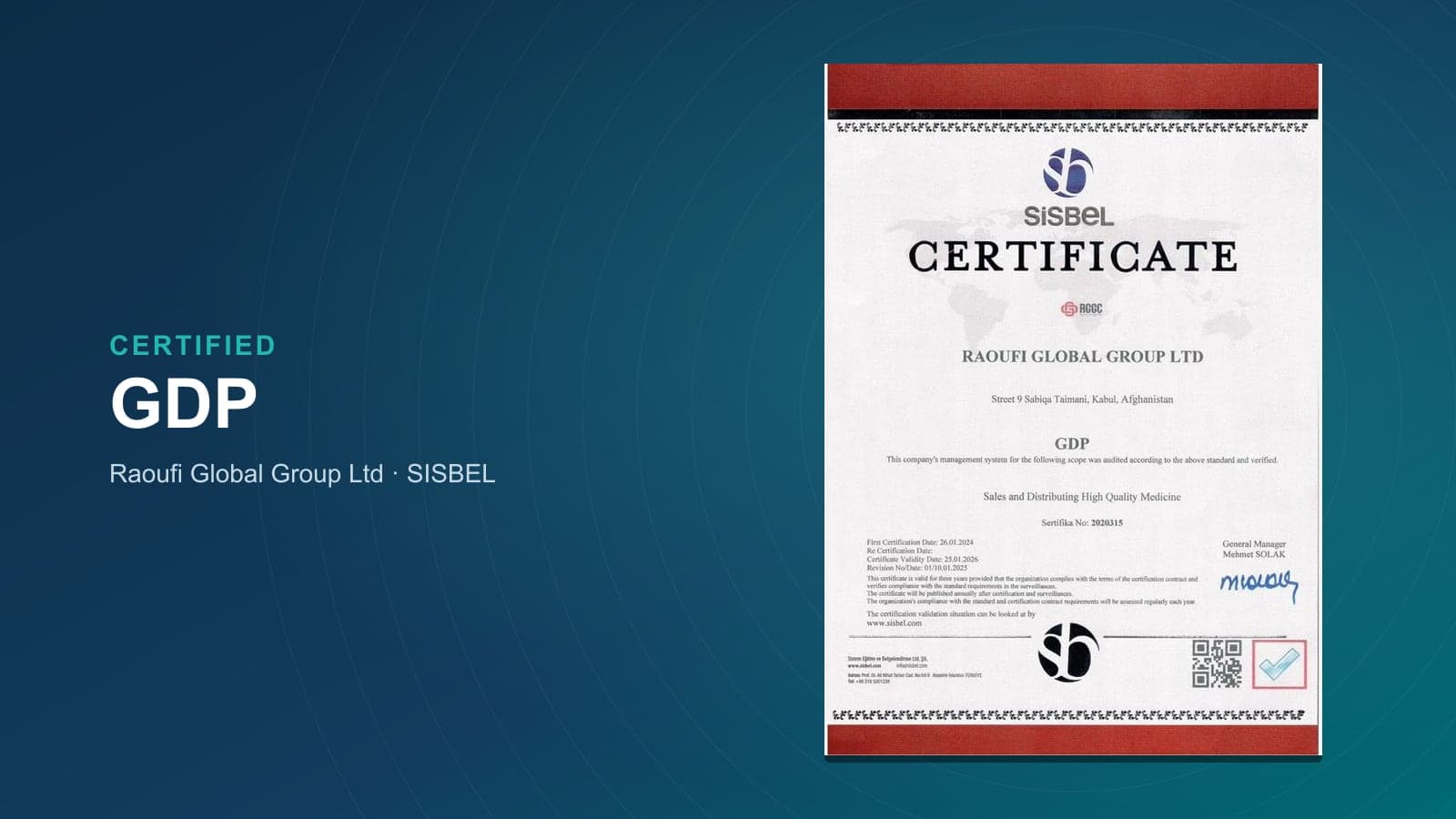 The SISBEL Good Distribution Practice certificate issued to Raoufi Global Group Ltd, on a navy background