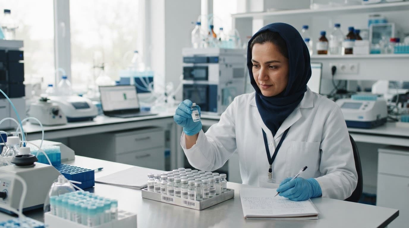 Laboratory specialist inspecting a medicine vial while recording results
