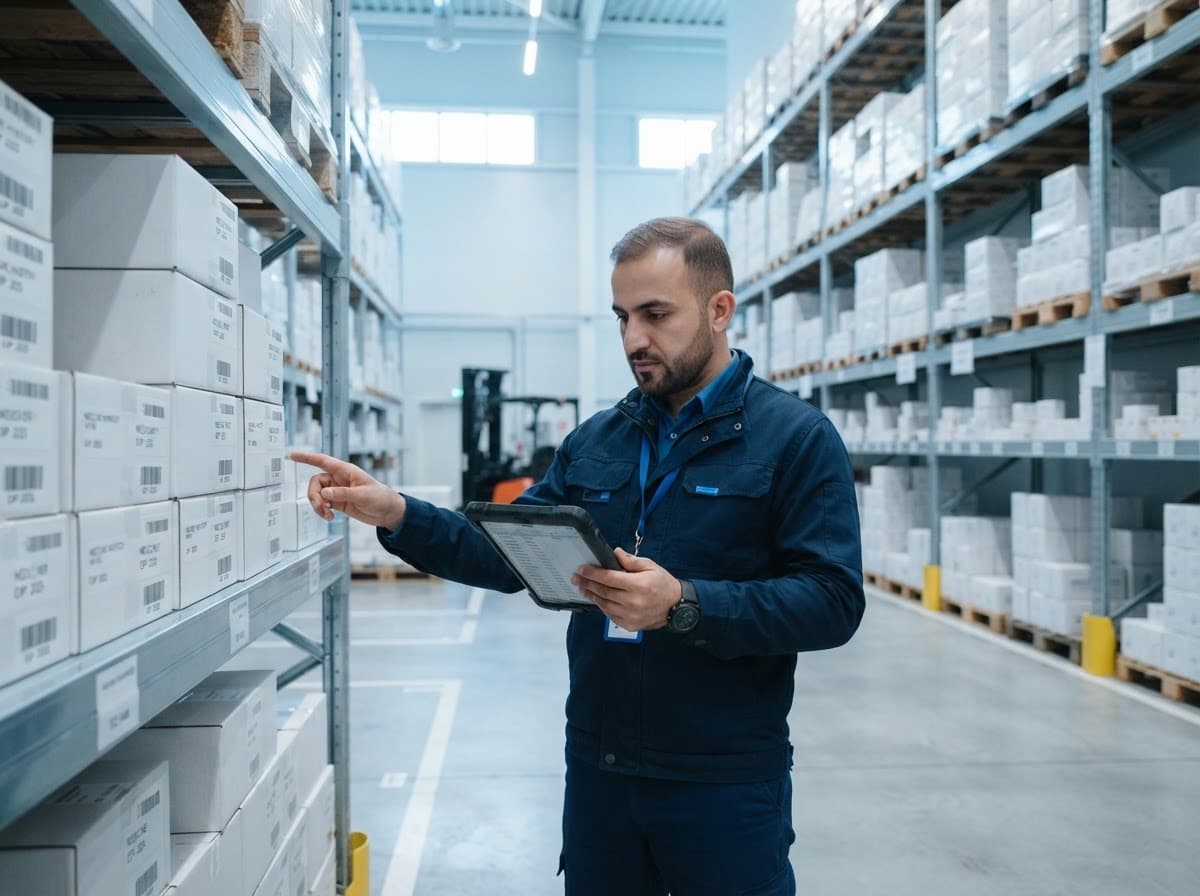 Distribution specialist checking pharmaceutical stock with a tablet in a medicine warehouse