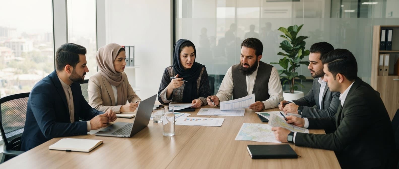Commercial team reviewing pharmaceutical market plans around a meeting table