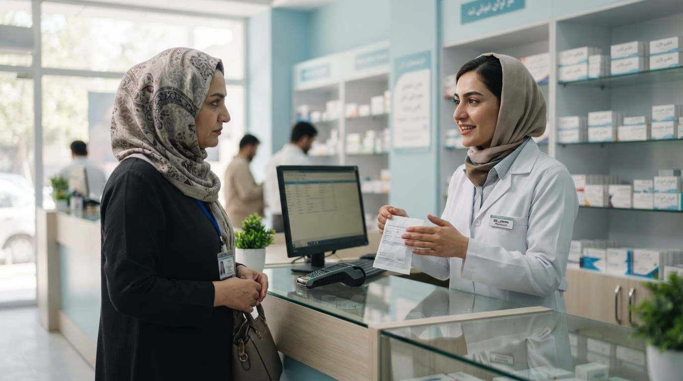 Pharmacist handing medicine across a pharmacy counter
