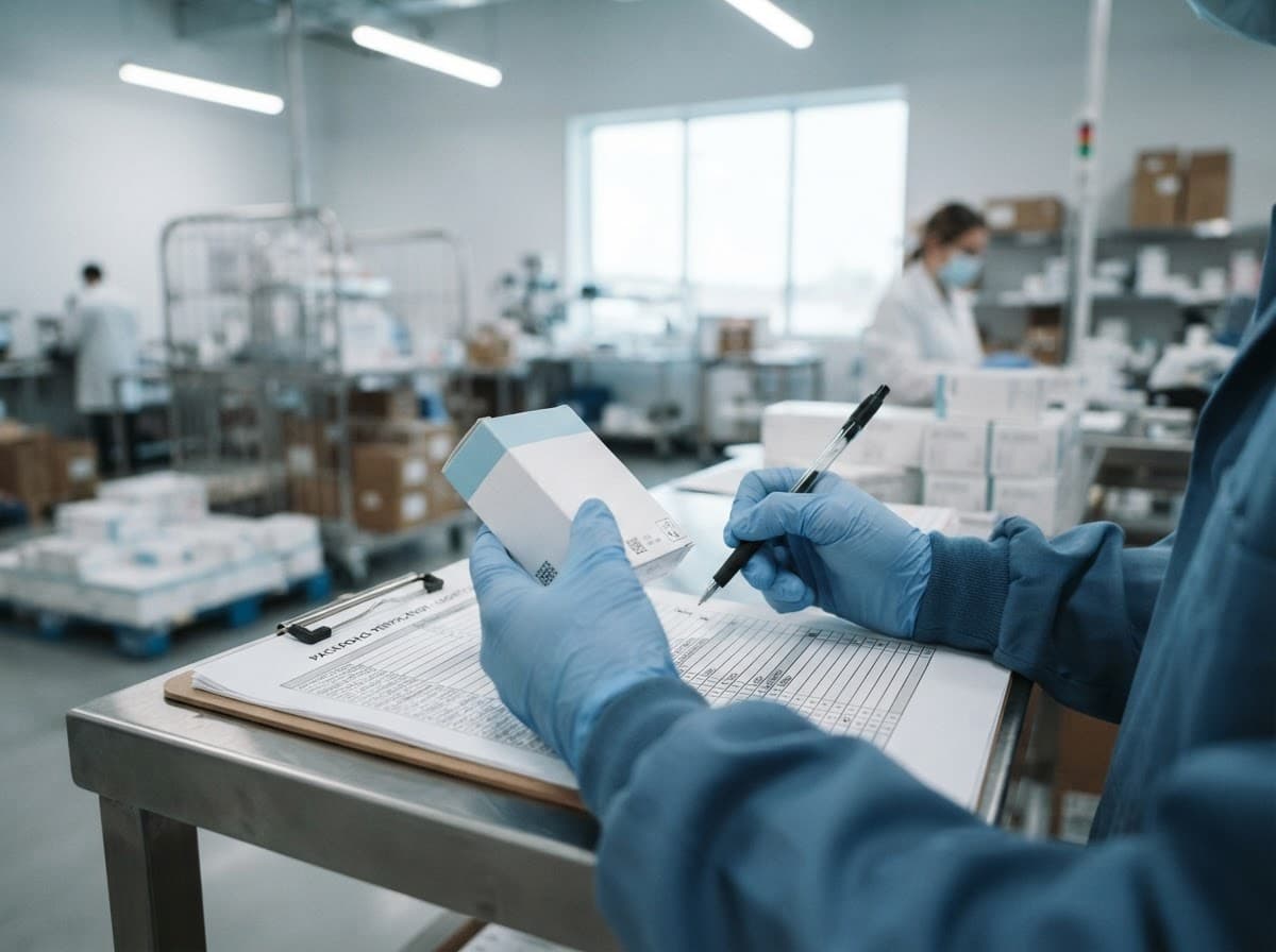 Quality inspector in gloves checking a medicine package against a documentation checklist