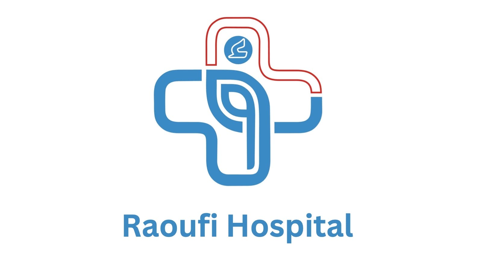Raoufi Hospital logo: a blue medical cross with the Raoufi emblem