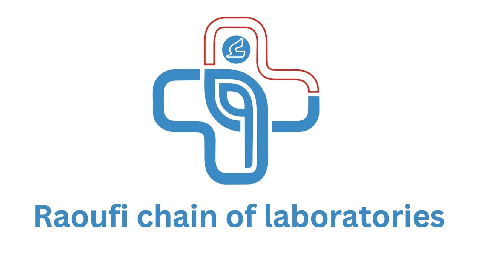 Raoufi chain of laboratories logo: a blue medical cross with the Raoufi emblem