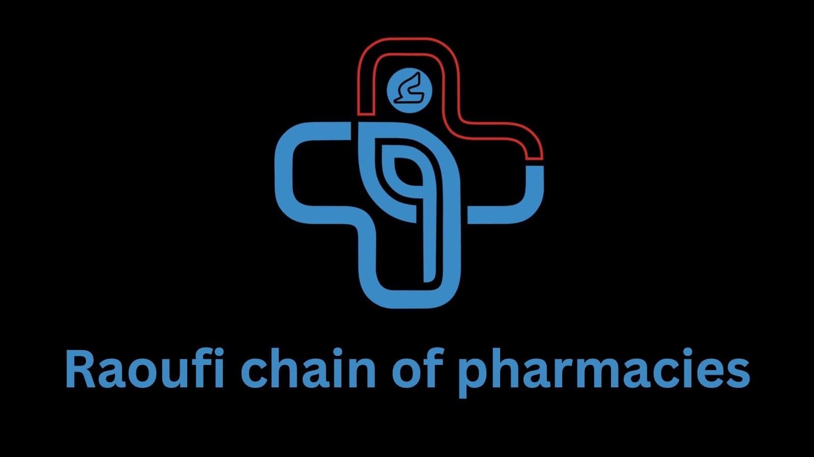 Raoufi chain of pharmacies logo: a blue medical cross with the Raoufi emblem