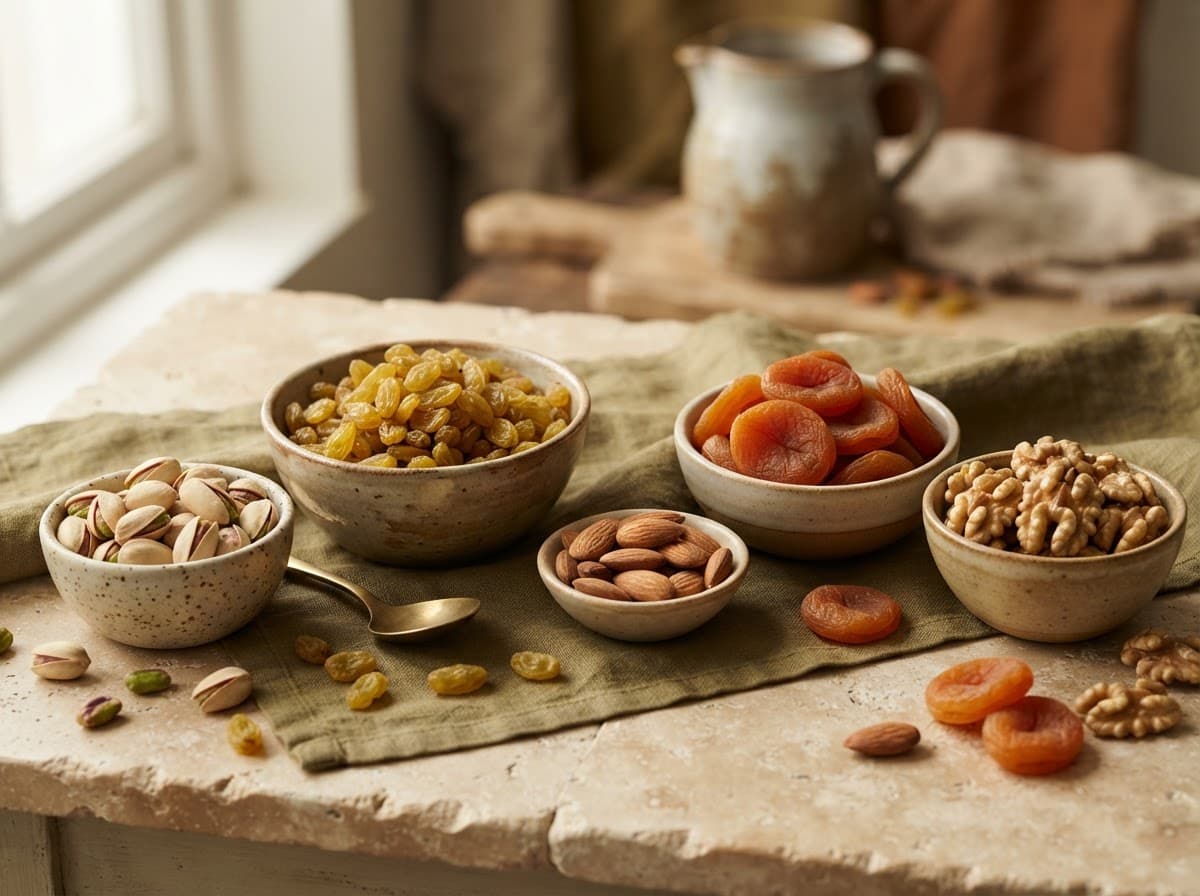 Bowls of Afghan pistachios, golden raisins, almonds, dried apricots and walnuts