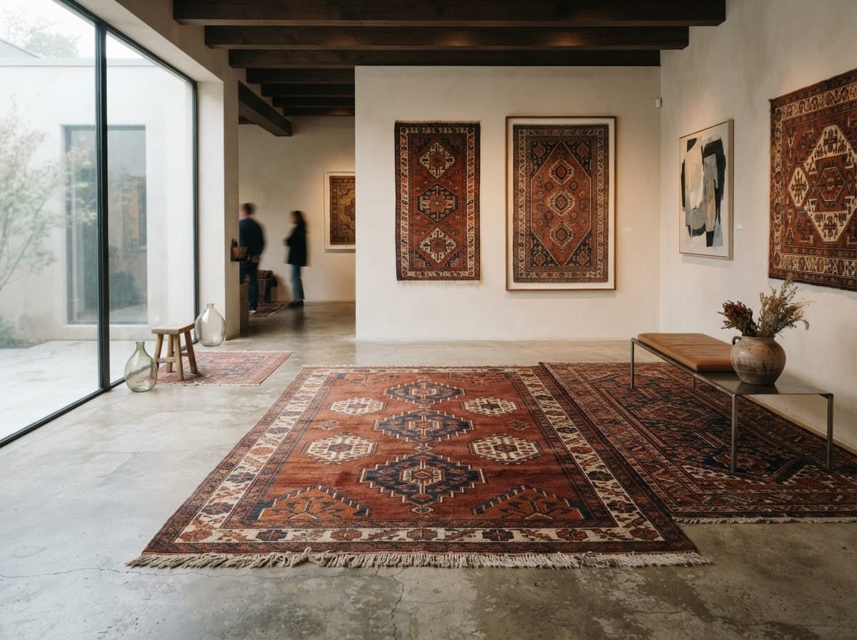 Hand-woven Afghan carpets and artwork displayed in a bright gallery