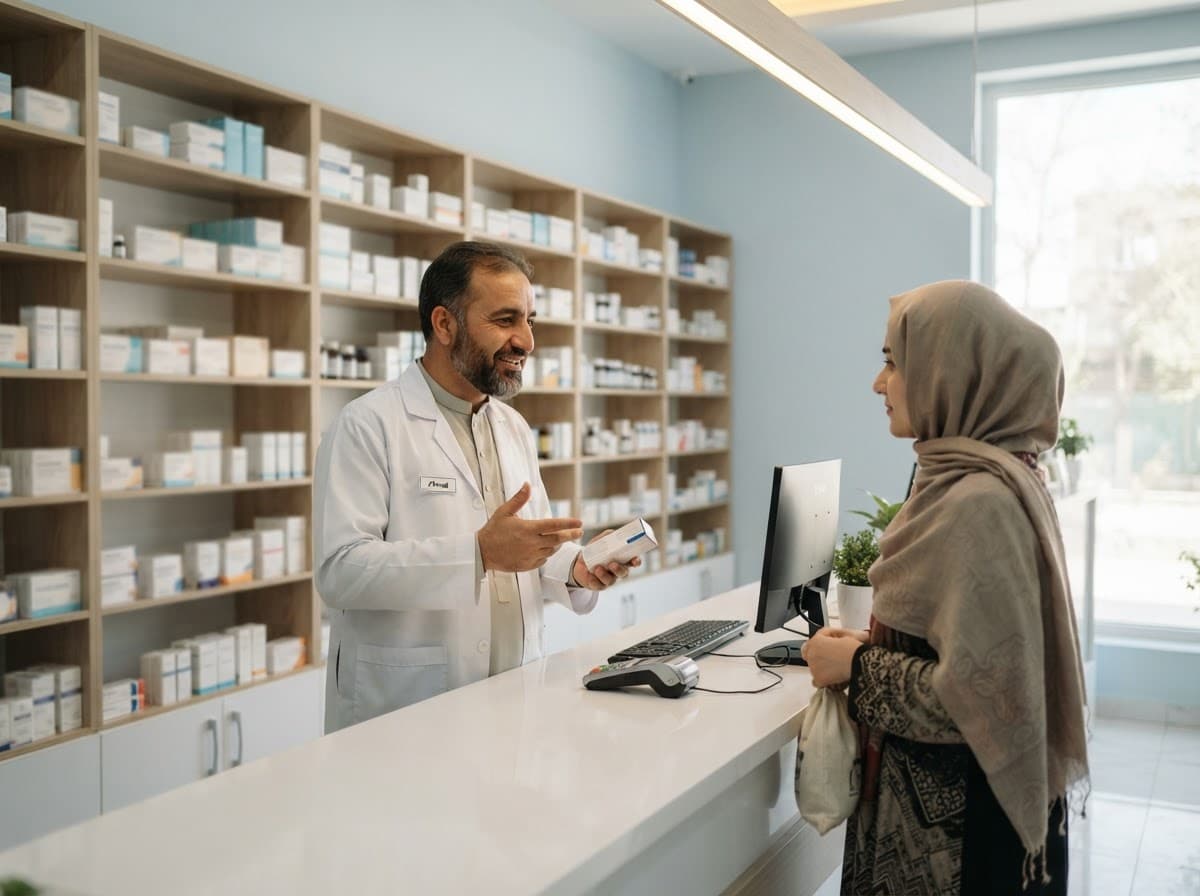 Pharmacist advising a customer at the counter of a well-stocked pharmacy