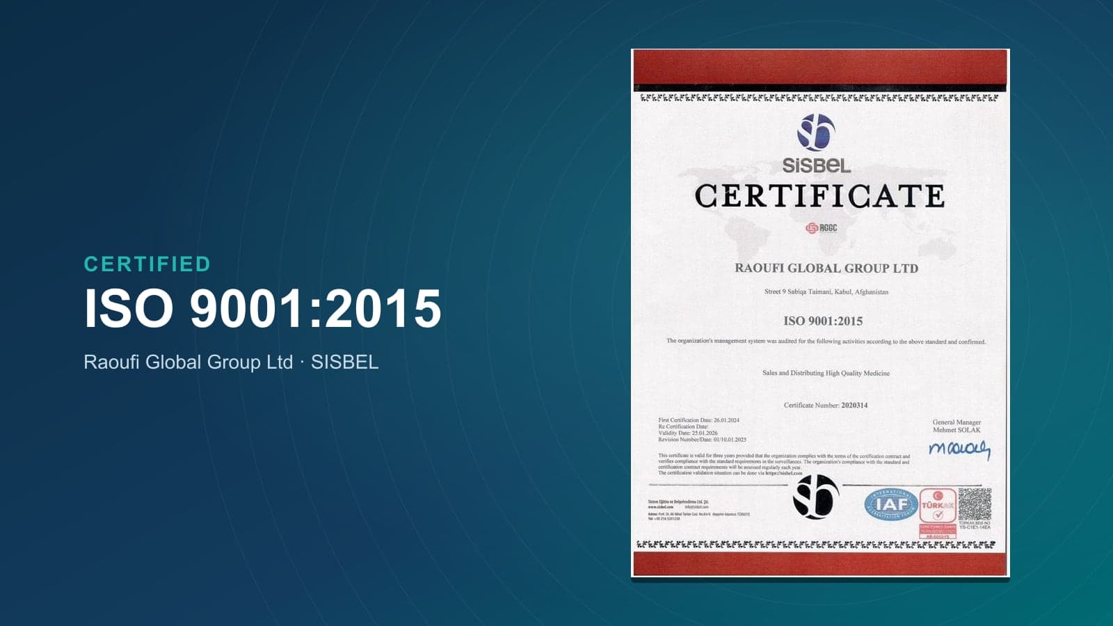 The SISBEL ISO 9001:2015 certificate issued to Raoufi Global Group Ltd, on a navy background