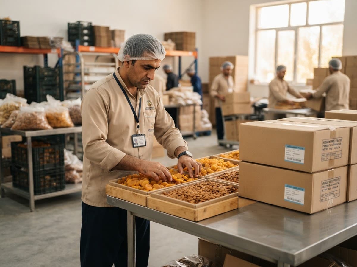 Worker in a hairnet sorting dried apricots and nuts beside packed export cartons in a warehouse