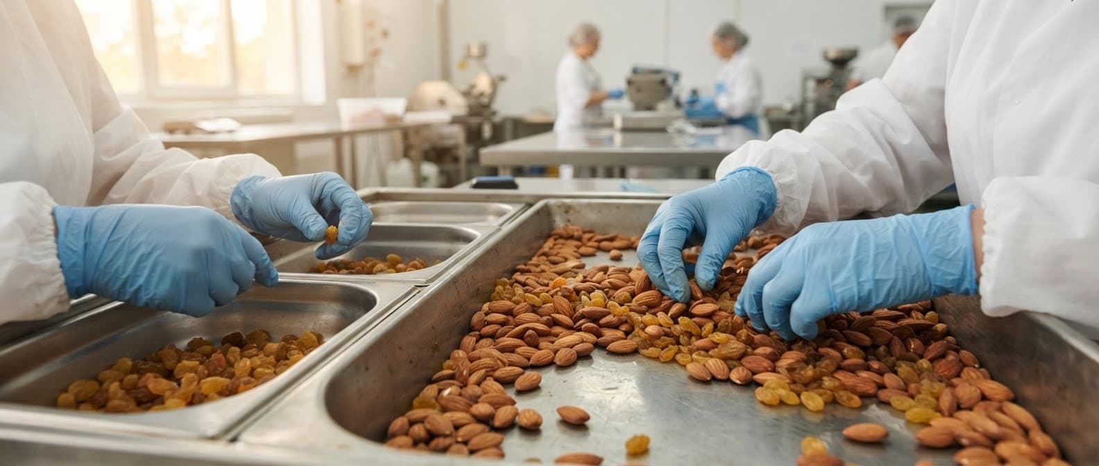 Gloved hands sorting almonds and raisins on stainless-steel trays in a food-processing facility