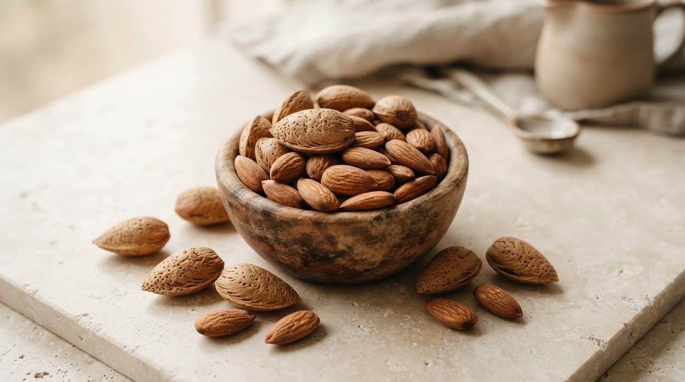 Wooden bowl of Afghan almonds with loose almonds on a stone board