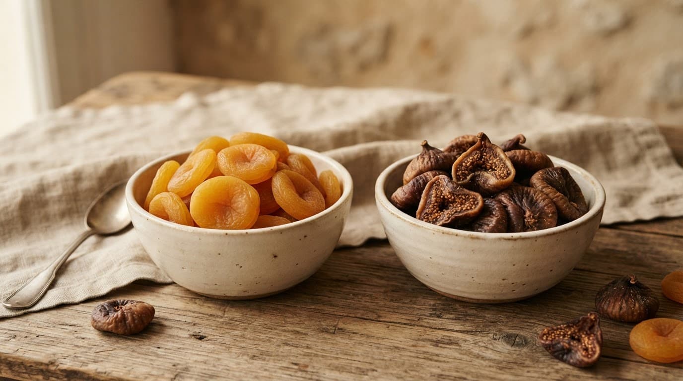 Bowls of dried apricots and dried figs on a rustic wooden table