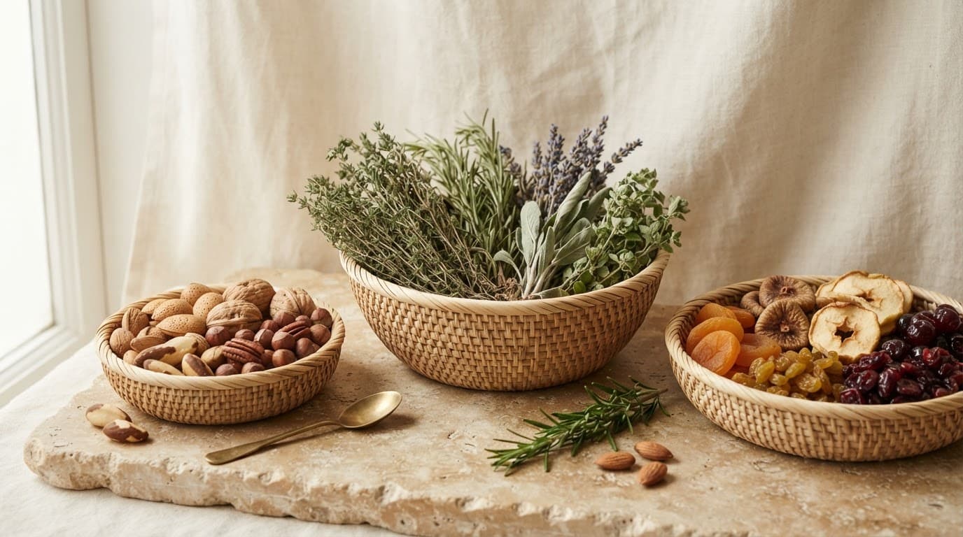 Woven baskets of mixed nuts, fresh herbs and dried fruits on a stone counter