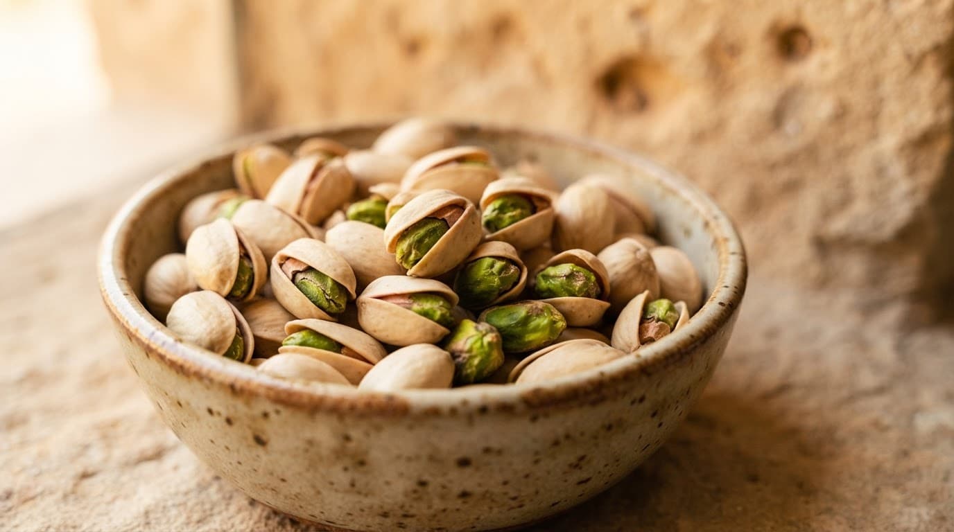 Ceramic bowl filled with naturally opened Afghan pistachios