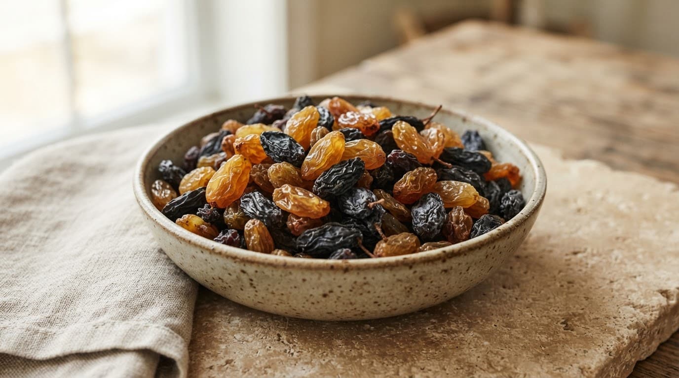 Ceramic bowl of golden and dark Afghan raisins on a stone surface
