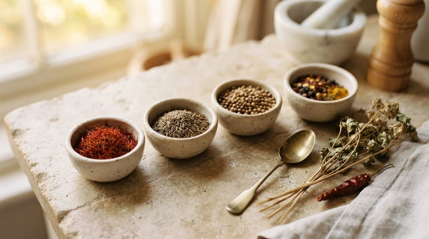 Small bowls of saffron, cumin, coriander seeds and mixed spices beside dried herbs