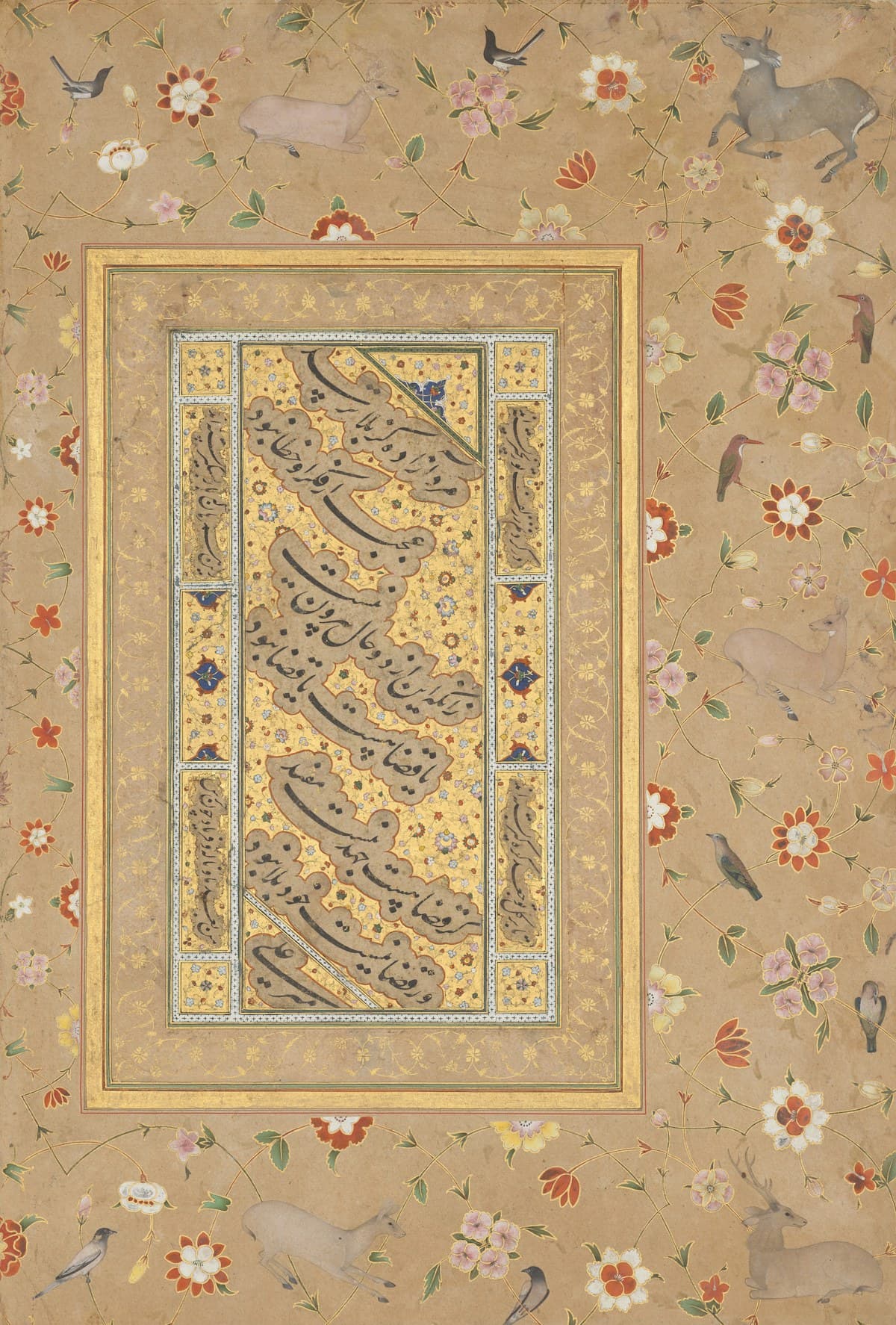Page of Persian calligraphy framed by gold illuminated floral borders