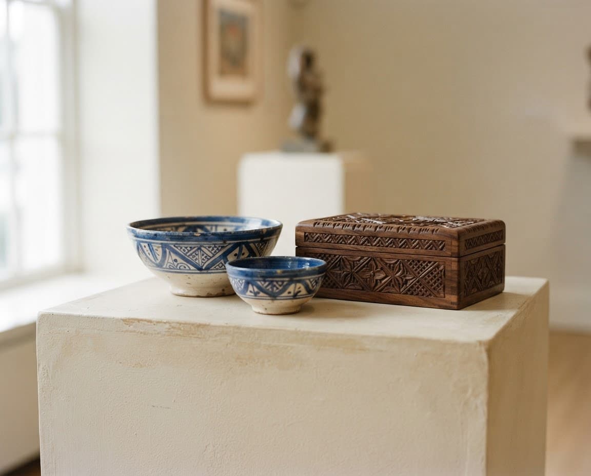 Hand-painted blue ceramic bowls and a carved wooden box on a gallery plinth