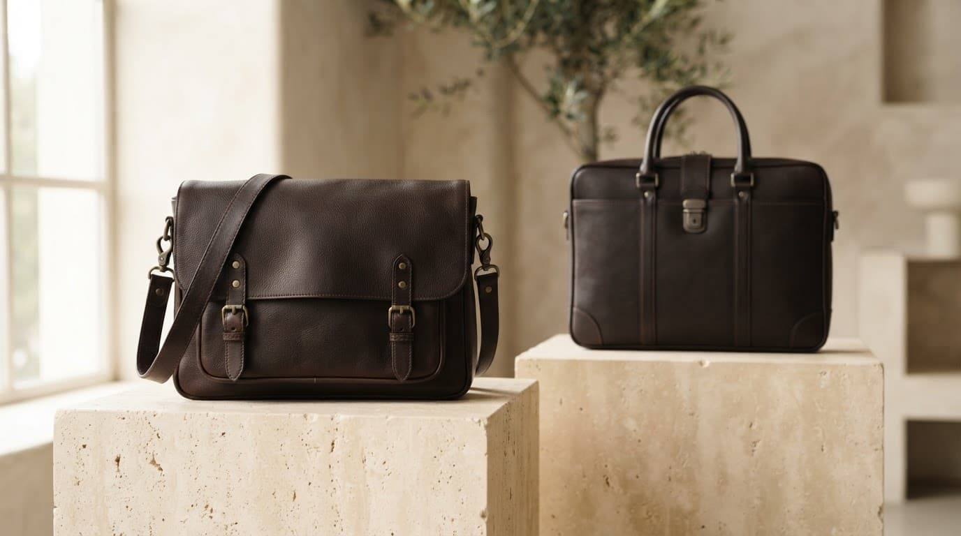 Dark leather messenger bag and briefcase displayed on stone plinths