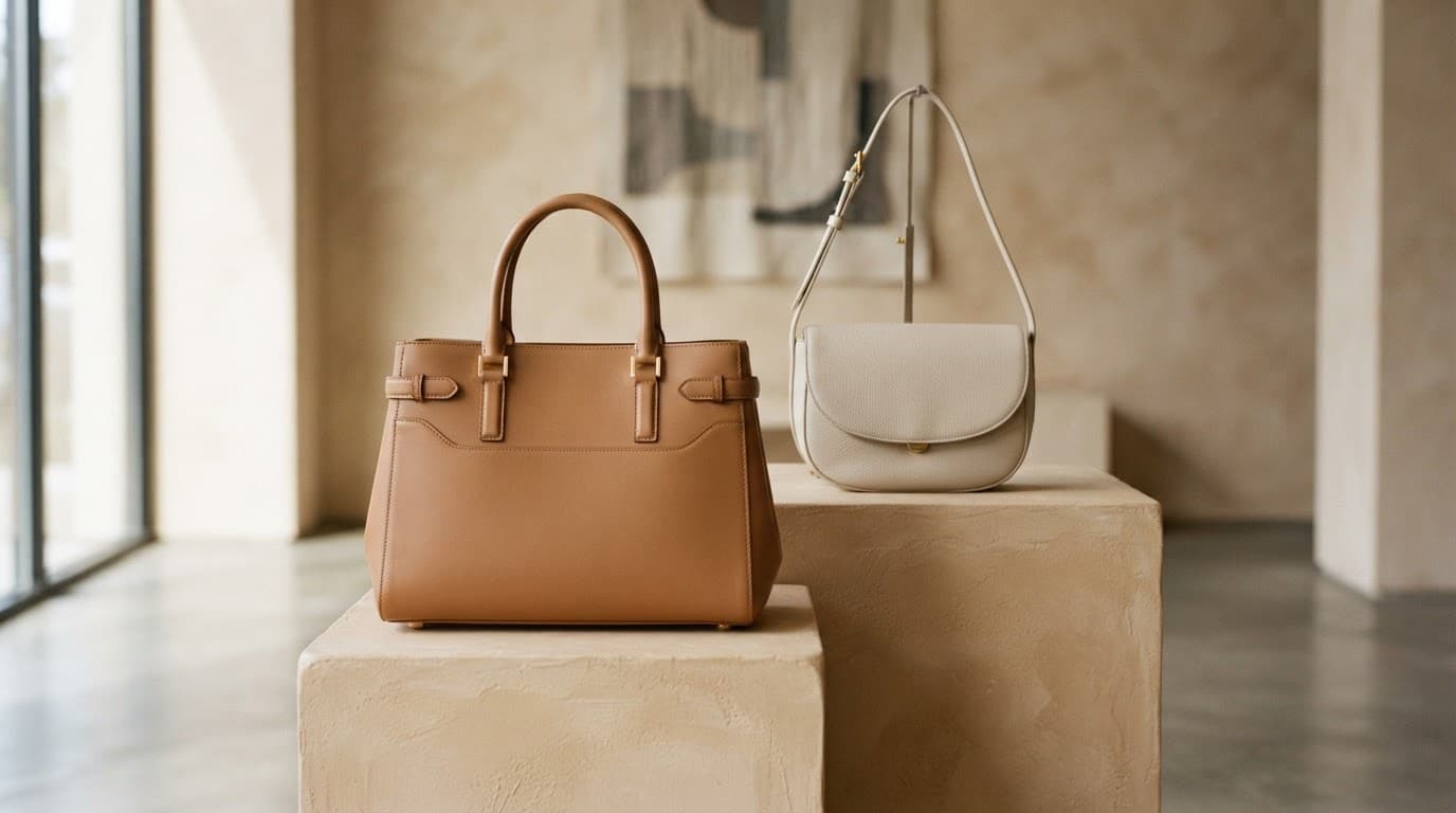 Tan leather tote and cream shoulder bag displayed on stone plinths