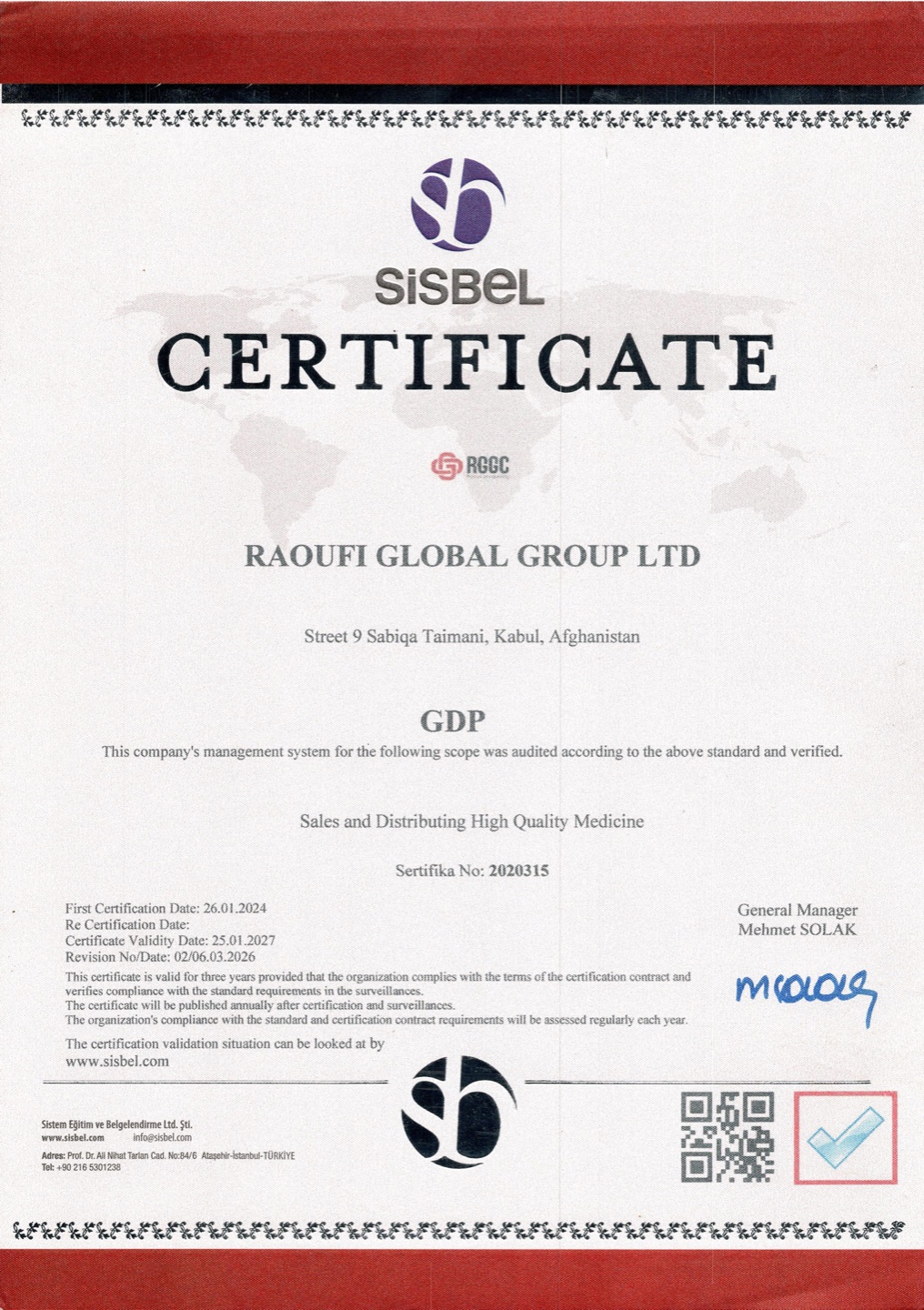 GDP certificate, No. 2020315, issued by SISBEL