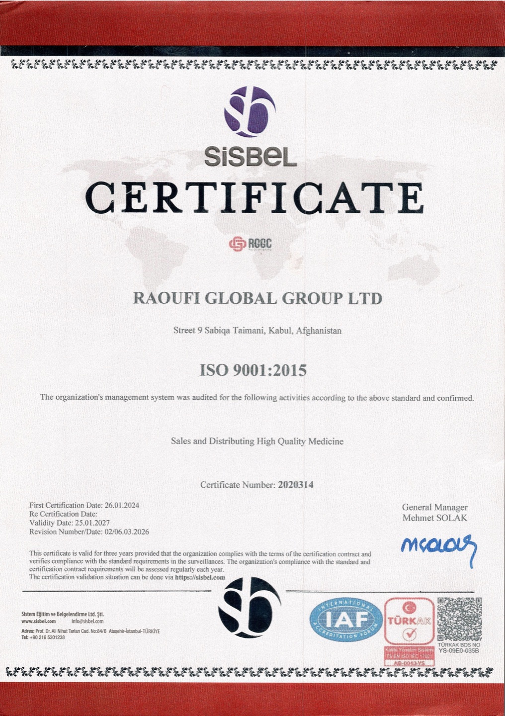 SISBEL ISO 9001:2015 certificate issued to Raoufi Global Group Ltd, certificate number 2020314